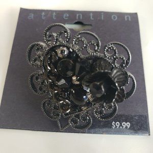 NOS Attention Black Rose Rhinestones Ornate Heart Shaped Flexible Shank Ring